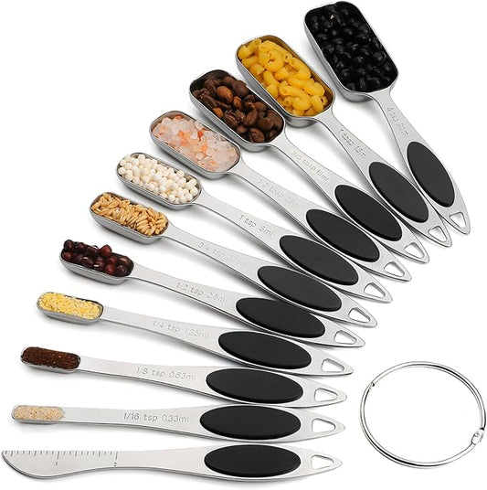 Magnetic Measuring Spoons Set of 11,Stainless Steel Magnetic Measuring Spoons,Teaspoon Measuring Spoon with Leveler for Dry or Liquid Ingredients (11, Black)