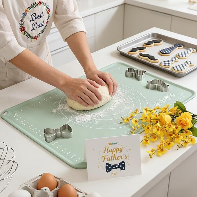 Silicone Pastry Mat, Non Slip Dough Mat with Measurements and Raised Edges, Food Grade Silicone Countertop Baking Mat for Rolling Dough, Kneading Bread, Cookies, Pizza, Pie Crust