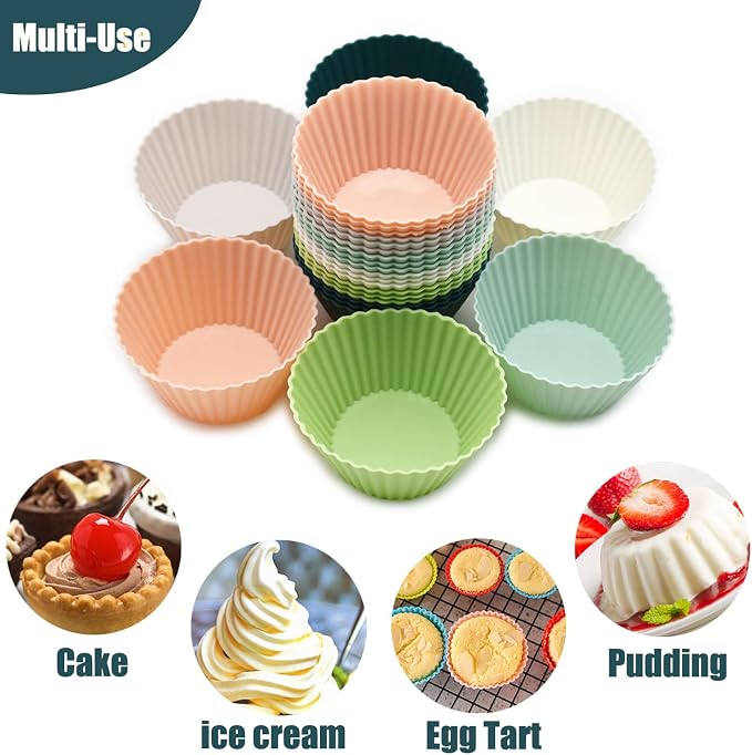Reusable Silicone Cupcake Baking Cups 24 Pack, 2.75 inch Silicone Baking Cups, Non-stick Muffin Cupcake Liners for Party Halloween Christmas, Easy Clean Pastry Muffin Molds（Multicolor）