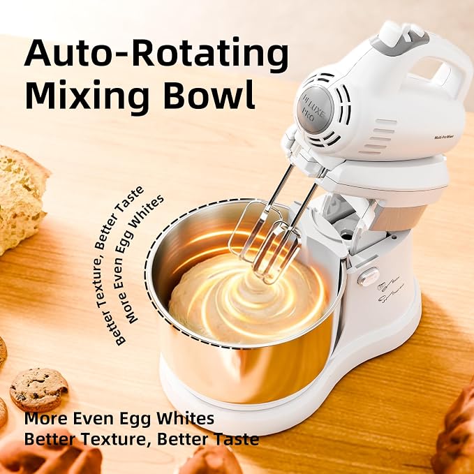 3.2QT 2-in-1 Stand Mixer, Electric Kitchen Mixer with Auto-Rotating Bowl & Tilt-Head, 5-Speed 250W Turbo Baking Machine for Beginners with Beater & Dough Hook for Cookie, Bread, Cake (White)