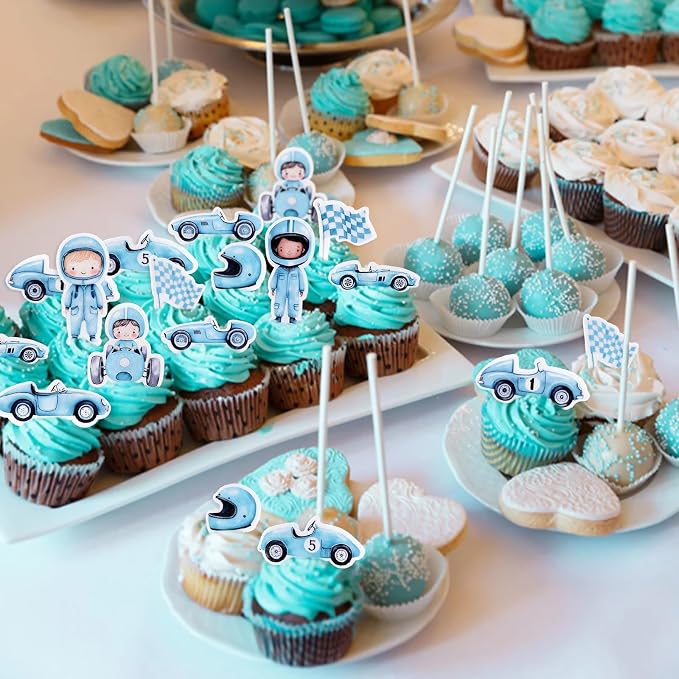 55Pcs Edible Cartoon Blue Race Car Cupcake Toppers Edible Racing Boy Driver Cupcake Picks for Racing Car Baby Boys Birthday Cupcake Decorations Boys Blue Birthday Party Decorations