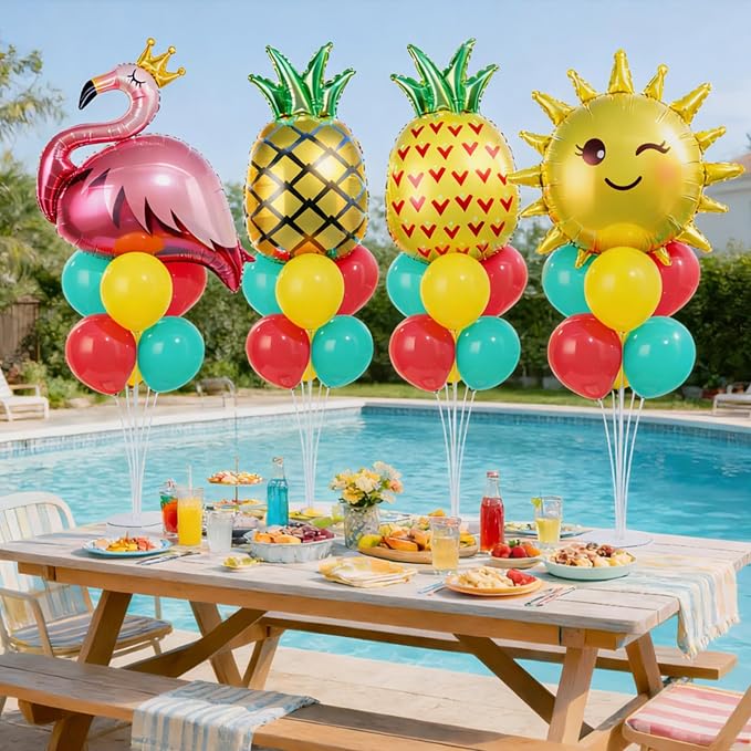 4 Sets Summer Tropical Party Balloons Stand Kit with Pineapple Flamingo Foil Balloons Hawaiian Party Balloon Centerpiece for Tables for Summer Beach Hawaiian Birthday Decorations
