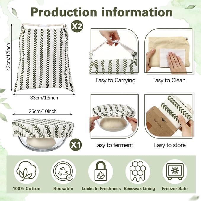 Reusable Beeswax Bread Bags for Homemade Bread Sourdough (2 Pcs 13x17in Bags + 10in Bowl Cover) Floral Cotton 100% Natural Beeswax Coating, Plastic-free Food Storage Wrap(Green Leaf)