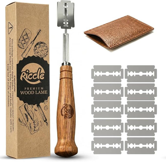 RICCLE Bread Lame Slashing Tool, Oakwood Ergonomic Handle Dough Scoring Knife with 10 Razor Blades and Storage Cover