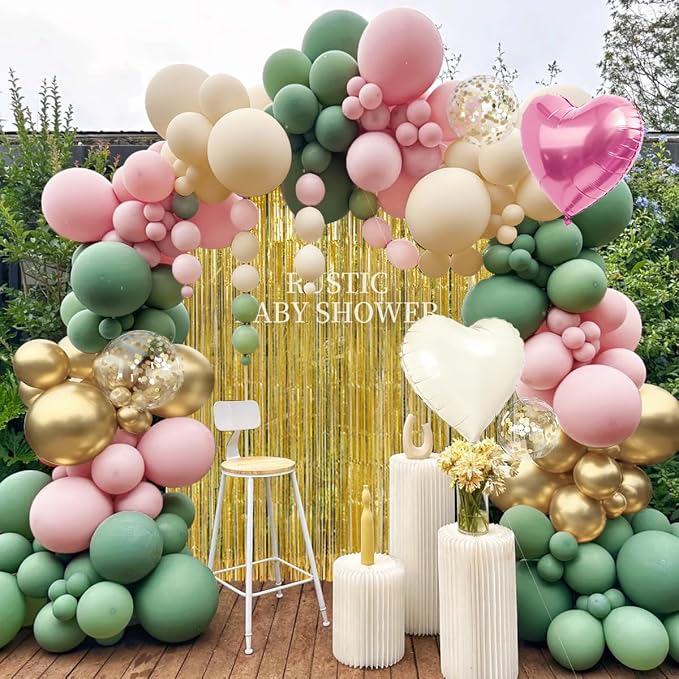 157Pcs Sage Green Pink White Gold Balloons Garland Arch Kit with Gold Fringe Curtain for Birthday Bridal Baby Shower Gender Reveal Weddings Graduation Party Decorations