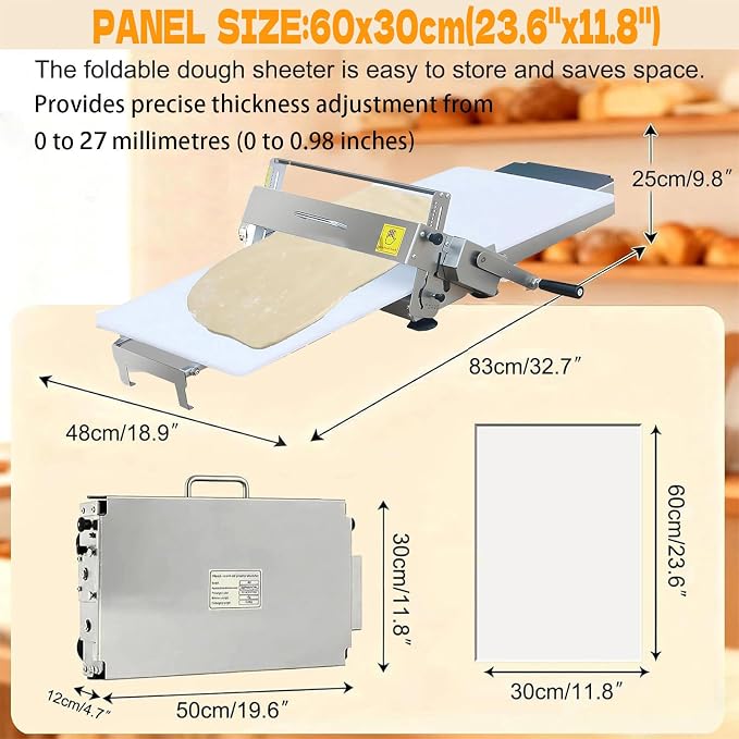 Folding Tabletop Dough Sheeter, Commercial Manual Dough Roller Machine, 0-27mm Thickness Control, with Press Panel, for Bakery, Restaurant and Home Daily Baking