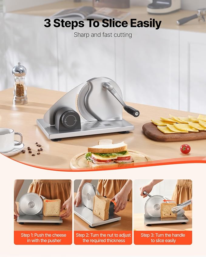 VEVOR Manual Bread Slicer, 0-0.6" Adjustable Thickness Cheese Cutter, Hand Cranked Slicer for Homemade Bread - with Serrated Stainless Steel Blade for Kitchen, Restaurant, Bakery, Party