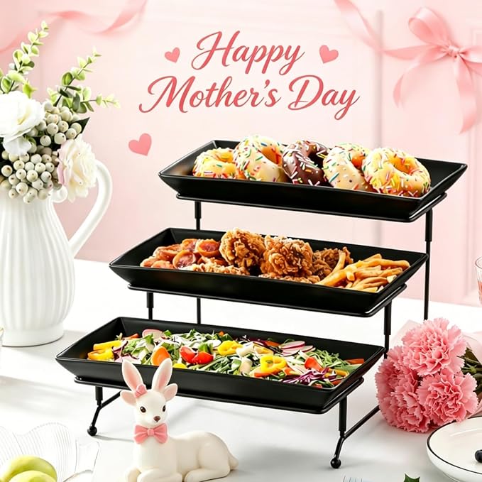 MALACASA 3 Tier Serving Tray, Porcelain Tiered Serving Trays Platters, 12 Inch Serving Stand with Platters,Black Dessert Stand with Collapsible Sturdier Metal Rack,Series PLAT