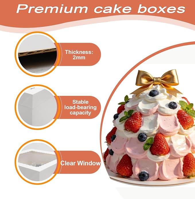 2 Pack Cake Boxes, 12x12x8 Inches Tall Cake Box with Window, Cake Carrier with Lids, White Cake Boxes with Cake Boards, for Cakes Cookie Cupcake Pie Birthday Party Wedding