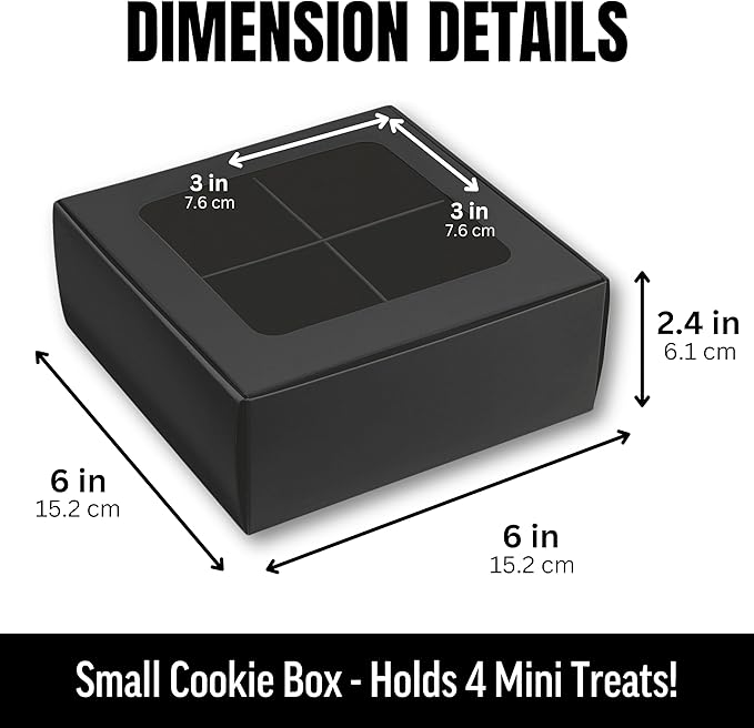25 pcs Black Mini Cookie Boxes for 4 treats with Window and Dividers, Bakery Boxes, 6 x 6 x 2.4 Inches SMALL Baking Boxes, Square Cookies Box Decorating Supplies for Gift Giving