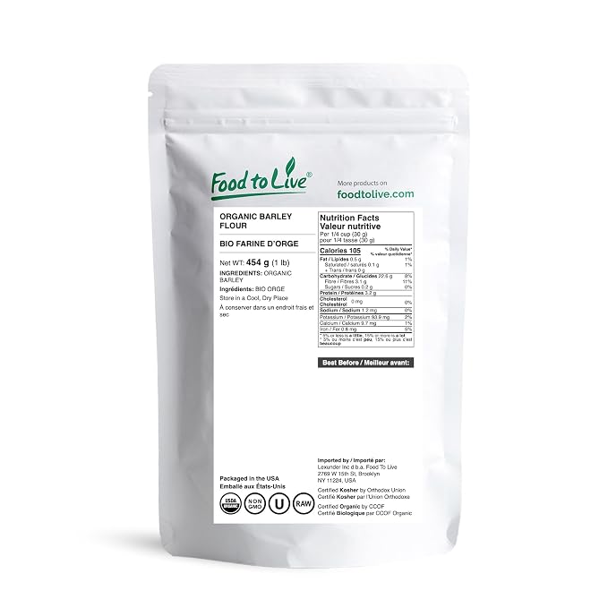 Food to Live Organic Barley Flour, 1 Pound – Non-GMO, Stone Ground from Whole Hulled Barley, Fine, Kosher, Vegan, Bulk. Rich in Fiber. Perfect for Flour Blends. Great for Baking. Product of the USA.