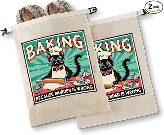 InnoBeta Beeswax Bread Bags for Sourdough & Homemade Bread, 2 Pack Reusable Cotton, 17"x13", Baking Cat