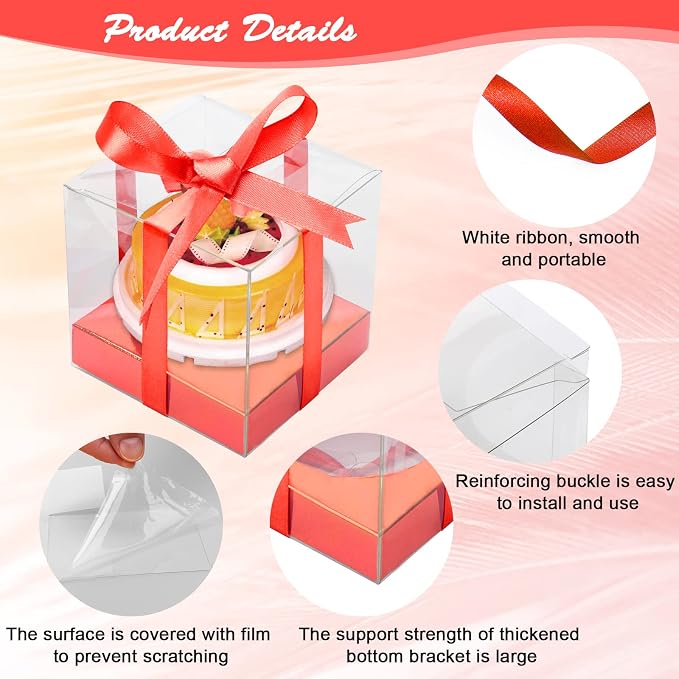 12 Pack Clear Plastic Cupcake Boxes, 3.5 Inch Gold Single Cupcake Containers Disposable Individual Cup Cake Carrier Holder Boxes with Inserts and Ribbon (Red)