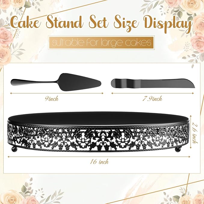 Wenqik 16 Inch Black Cake Stand Set Metal Round Cupcake Dessert Stand with Cake Cutting, Flower Spatula Wedding Cupcake Pastry Display Candy Holder Display for Wedding Party Birthday Baby Shower