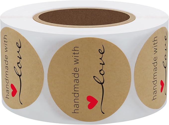 Hybsk Kraft Handmade with Love Stickers 1.5" Inch Round Total 500 Adhesive Labels Per Roll (Kraft)