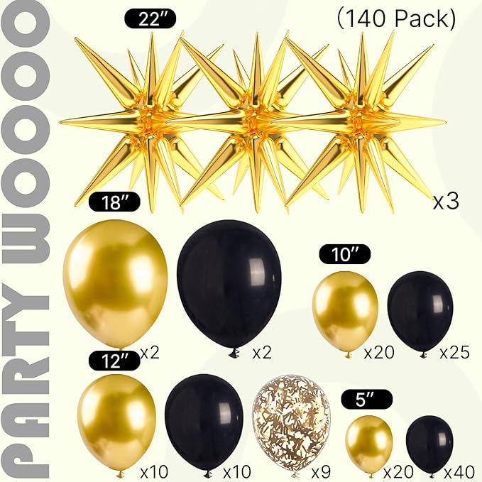 PartyWoo Black and Gold Balloon Arch Kit Garland 140pcs Different Sizes of 18 12 10 5 Inch Black Metallic Gold Confetti 22 Inch Star Balloons for Graduation Birthday New Year's Eve Party Decorations