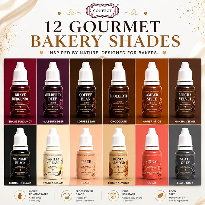 Confect Browns & Depth Gel Food Coloring Set – 12 Highly Pigmented Colors for Buttercream, Cakes, Cookies, Macarons & Baking – 10mL Bottles