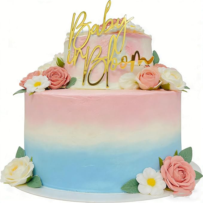 Baby in bloom Cake Topper,Gold Mirror Acrylic Baby shower cake sign Decorations,Gender Reveal Cake Decoration/Pregnancy Announcement/Baby Shower/Birth Announcement/Custom Baby Cake Topper
