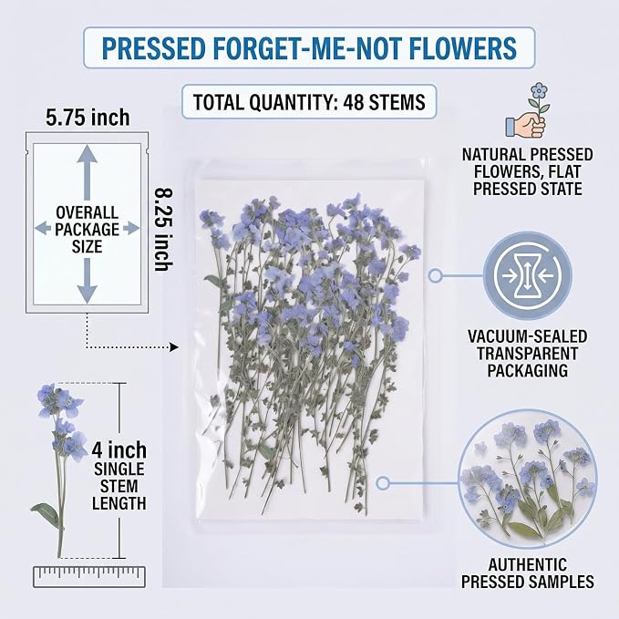 48 Pcs Natural Dried Pressed Forget-me-not Flowers for Wedding Cake Decorating, Real Dry Flower for Resin Jewelry Making, DIY Bookmarks Art Crafts(Forget-me-not)