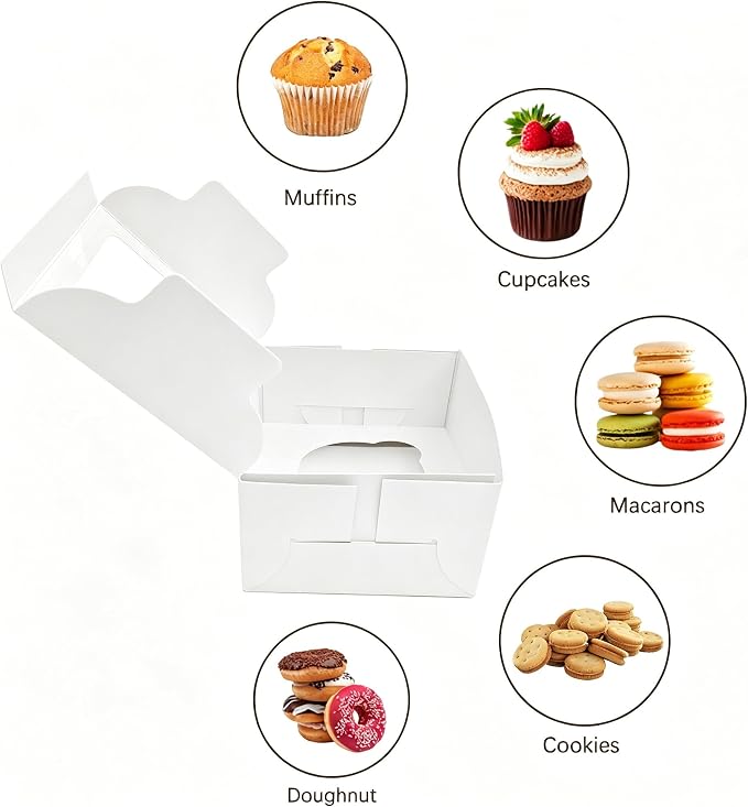 Jotique Cupcake Boxes with Window, 30 Sets 4.5x4.5x3 Inch White Paper Bakery Boxes for Single Cupcake, Cookies and Muffins, Sturdy Disposable Treat Boxes for Individual Pastry, Baked Good, Gift Giving