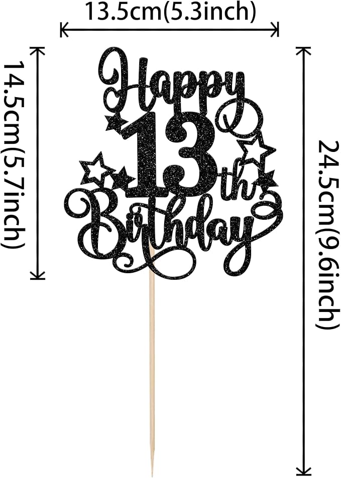1 PCS Happy 13th Birthday Cake Topper Glitter Cheers to 13 Years Birthday Cake Pick Hello 13 Fabulous Cake Decoration for Happy 13th Birthday Anniversary Party Decorations Supplies Black