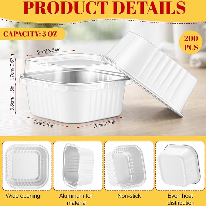 200 Pack 5 oz Mini Cake Pans with Lid, Aluminum Foil Mini Baking Tins, Square Disposable Cupcake Baking Cup Dessert Container for Wedding Birthday Party Picnic(White,Classic)