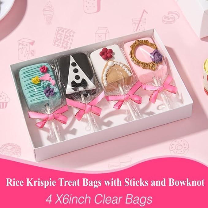 ROSPAKTEK 200 Pcs 4x6 Inch Clear Rice Krispie Treat Bags - Rice Kit Cakesicle Bags for Marshmallow, Macaron Pop, Candy, Apple Cookies, Cake Ore Pop Packaging (Individually Wrapped)