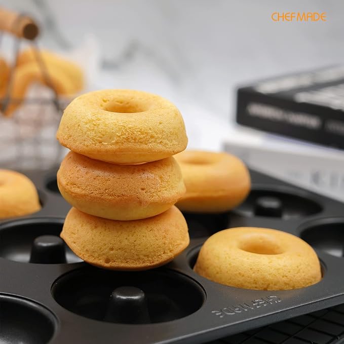CHEFMADE Nonstick Donut Pan, 12 Cavity Ring Doughnut Pan for Baking Cookies Bagel (Black)