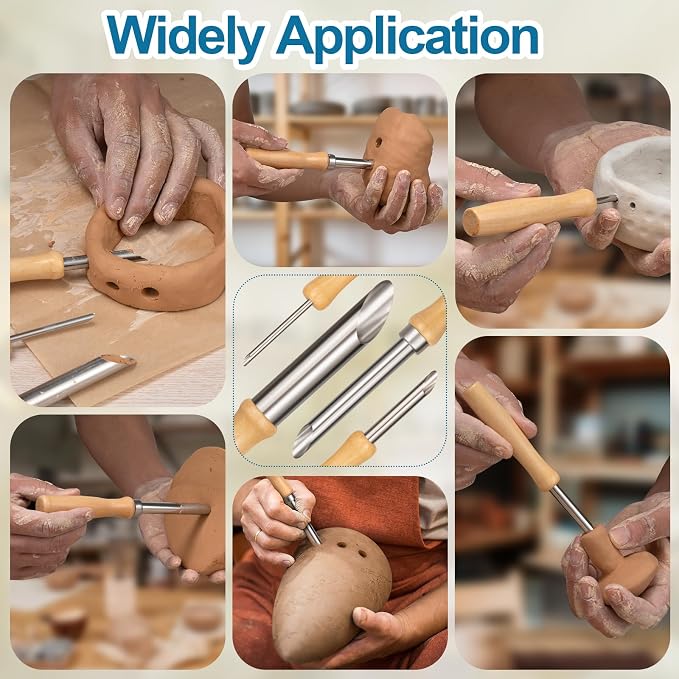 Amrules Clay Tools Kit, 4 PCS Circular Clay Hole Cutters Tools, Wooden Handle and Stainless Steel Sculpting Tools Kit Suitable for Drilling, Carving, Pottery Craft and DIY Projects