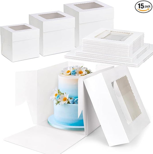 KEEPARTY 15 PCS White Tall Cake Boxes with Window 3 Sizes 12x12x12 10x10x10 8x8x8 Inches Bakery Cake Boxes Square Cake Containers