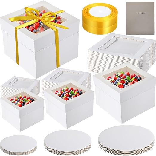 Teenyyou 48 Pcs Cake Boxes with Boards 24 Baking Boxes with Window 24 Cake Boards 2 Rolls Silk Ribbon Large Square Baking Storage in 3 Sizes 12x12x8, 10x10x8, 8x8x8 Inch Disposable Dessert Containers