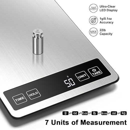 Fuzion Food Scale, 1g/0.1oz Kitchen Scale Grams and Ounces - 22lb, 7 Units, Tare & Timer Functions, Rechargeable Power, Tempered Glass & Stainless Steel - Digital Food Scale for Cooking, Baking