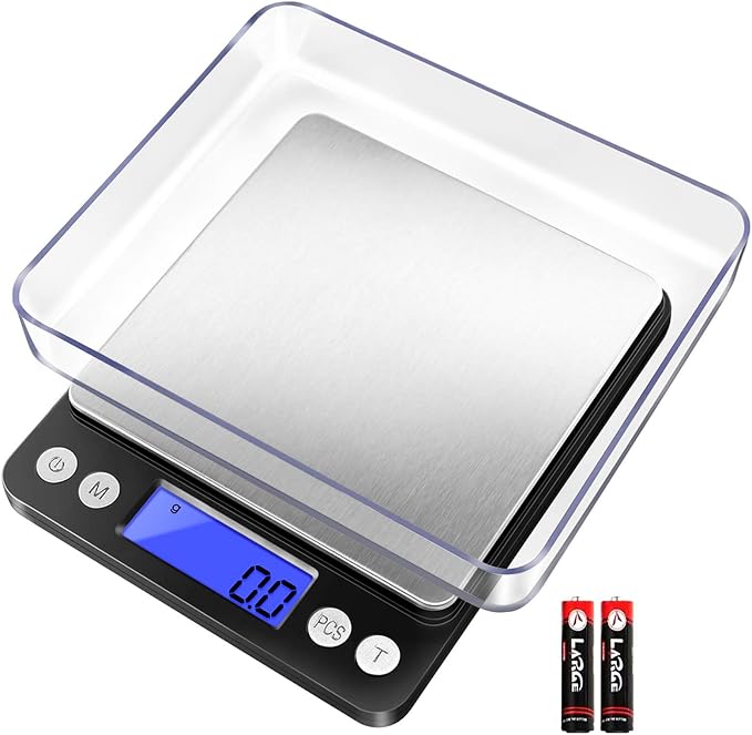 Fuzion Small Gram Scale 3000g, Digital Kitchen Food Scale, Gram and Ounce | 0.1g Accuracy, 6 Modes, 2 Trays Included, LCD Display, Tare, Piece Counting, For Food, Coffee, Cooking, Herb, Reptiles, Coins