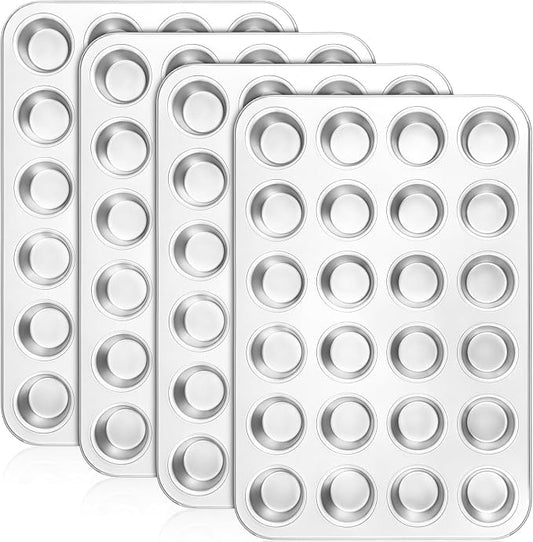 Domensi 4 Pcs Mini Muffin Pan 24 Cup Carbon Steel Cupcake Baking Pan Nonstick Tin Tray for Standard Muffins, Brownie, Tart, Quiche, Heavy Duty Bakeware Set, Oven & Dishwasher Safe