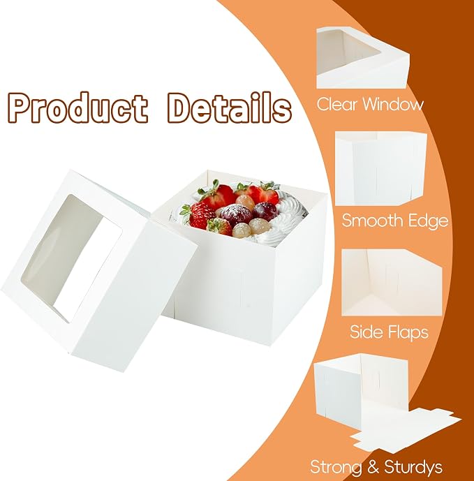 Yeplan 10 Packs Tall Cake Boxes and Cake Boards,10x10x8 inches Bakery Boxes with Window,White Multi-Layer Cake Containers for Birthday,Wedding,Thanksgiving Day