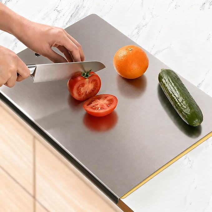 Large Stainless Steel Cutting Board with Lip for Kitchen, Chopping Boards with Yellow Non-slip Mat, Cutting Board with Counter Lip for Meat, Fruits, Vegetables, Bread,Dough(15.7" × 11.8")