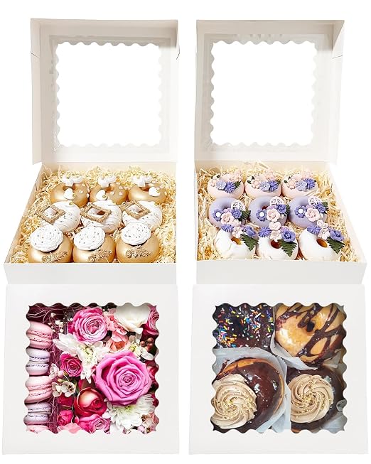 Bakepacker 55pcs White Pie Boxes 8x8x2.5 inches Easy Assemble Macaroon Bakery Boxes Cookie Boxes with Window for Bakery (Auto-pop Up)