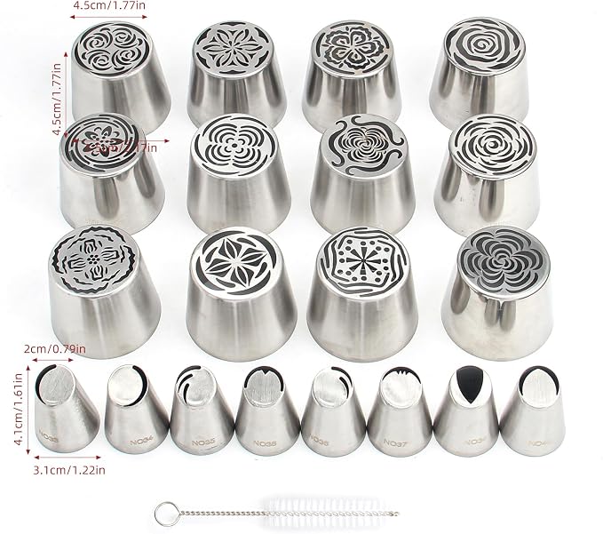 22-Piece Extra Large Russian Icing Nozzle Set, Stainless Steel Rose Tulip Cake Decorating Tips, Includes 12 Jumbo Nozzles, 8 Large Nozzles, and 2 Brushes, Kitchen Baking Tool