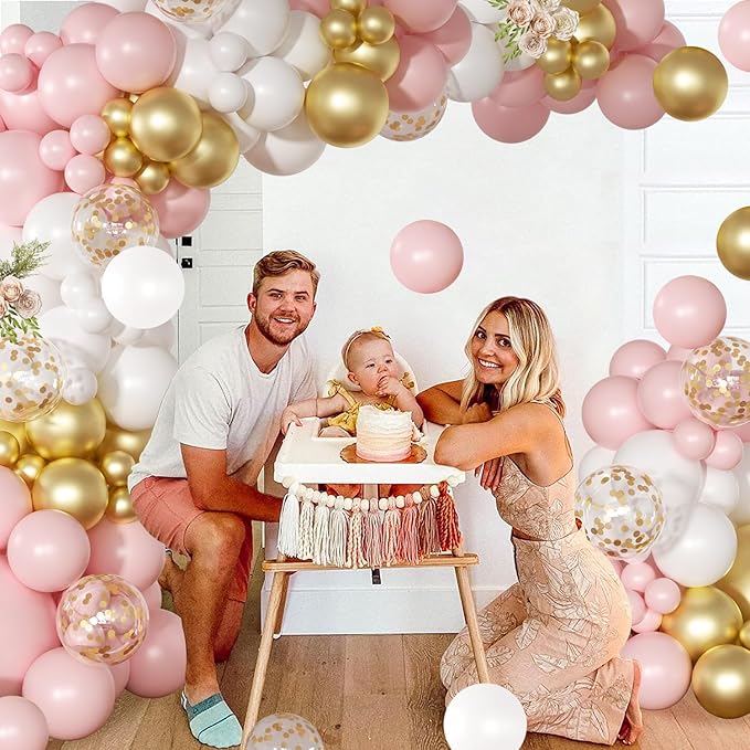 Pink and White Balloon Arch Kit, 138 Pcs Pink and Gold Balloon Garland Arch Kit Include Pastel Pink White Gold Confetti Balloons for Birthday Baby Shower Wedding Bridal Shower Party