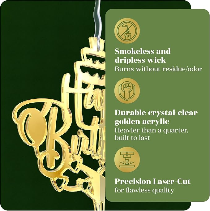 Happy Birthday Cake Candle Topper for Birthday Party Decorations, Acrylic Golden, 2 Hearts