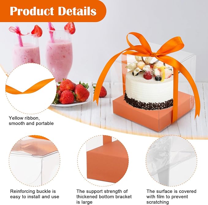 12 Pack Clear Plastic Cupcake Boxes, 3.5 Inch Gold Single Cupcake Containers Disposable Individual Cup Cake Carrier Holder Boxes with Inserts and Ribbon (Orange)