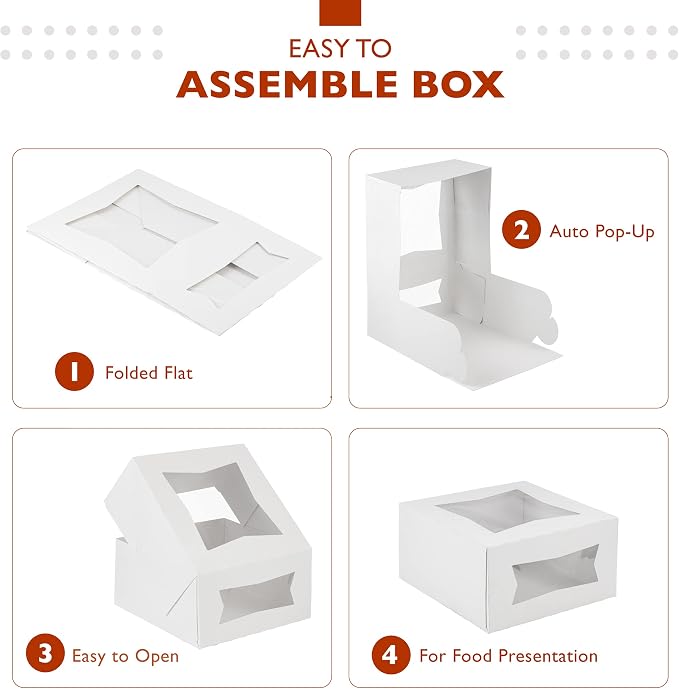 Fit Meal Prep 25 Pack Cake Boxes with Window 8 x 8 x 4 Inches Auto Pop-Up White Bakery Containers for Dessert, Cookies and Pastries, Treat Boxes Gift Packaging Boxes for Valentine's Day, Christmas