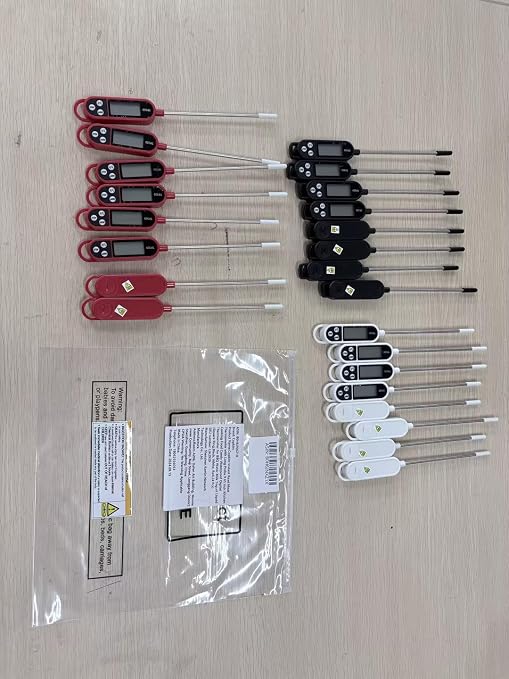 Copkim Instant Read Meat Thermometer with Long Probe 9.65 Inch Kitchen Cooking Food Candy Waterproof Digital Thermometer for BBQ Water Milk Yogurt Liquid (Square Ring,Black, White, Red,24 Pcs)