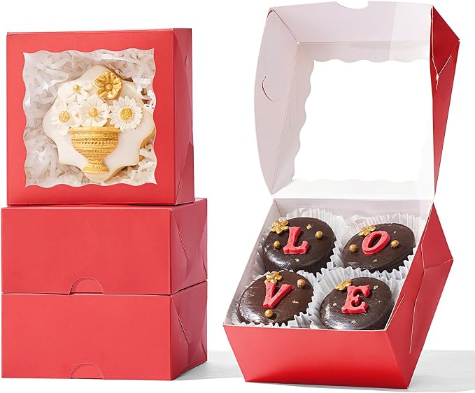 100-Pack 4x4x2 Inches Classic Red Bakery Boxes - Treat/Cookie/Truffle Boxes for Mini Cakes, Pies & Cinnamon Rolls - Wedding Party Favor Packaging