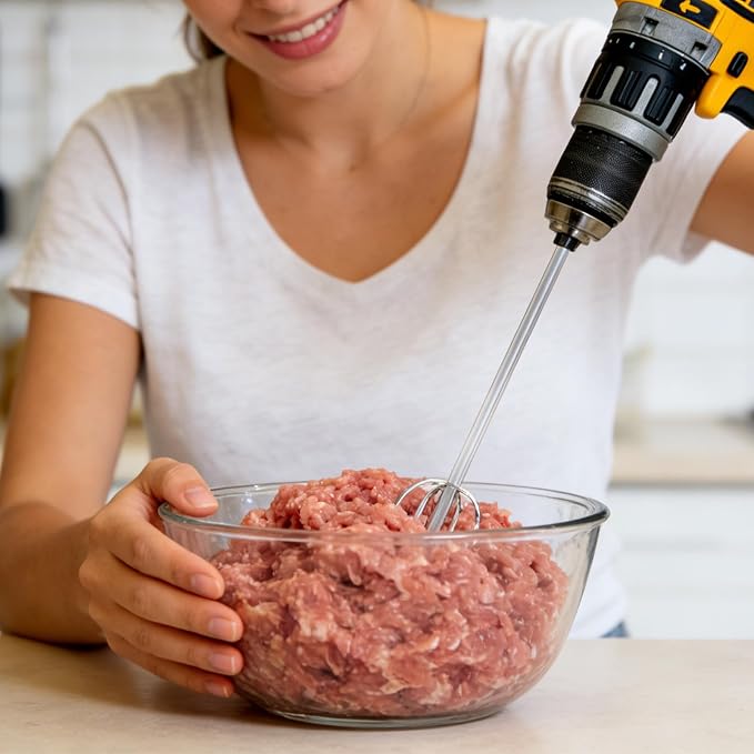 Meat Grinder & Egg Beater Drill Attachment, 304 Stainless Steel Mixer Tool for Standard Electric Drills for Ground Meat Patties Dough Cream & Batters (Silver)
