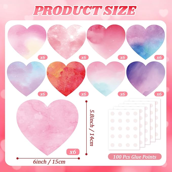 Vuzvuv 54Pcs 6In Watercolor Heart Paper Cutouts with 100Pcs Glue Points for Wall Bulletin Board Decorations, Heart Cut Out for Classroom, DIY Crafts & Party Banners