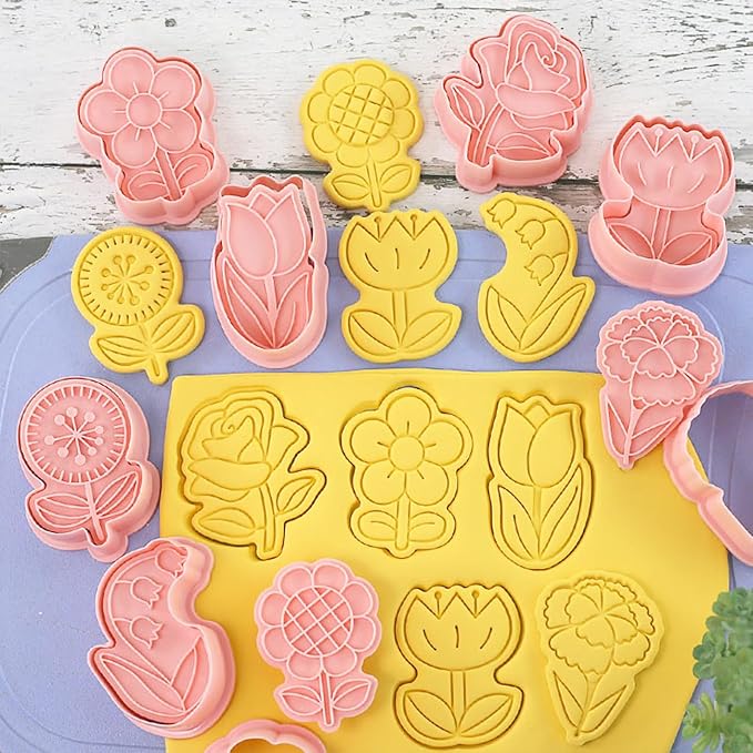 8 Flower Cookie Cutter, 3D Spring Floral Cookie Cutters with Lily of the Valley, Sunflower, Carnation,Tulip,Rose Shapes, Homemake Baking Tools for Mother's Day, Valentine, Holiday DIY Cookies (Flower)