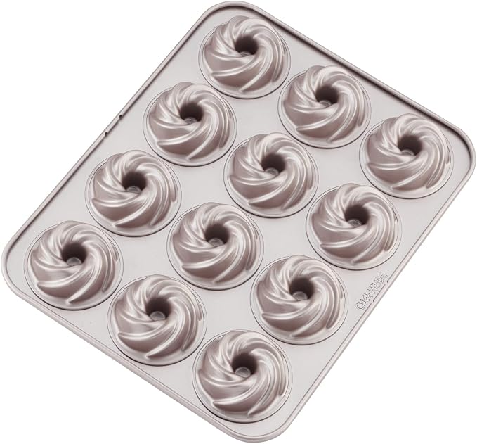 CHEFMADE Tube Cake Pan, 12-Cavity Non-Stick Cyclone Doughnut Bakeware for Oven Baking (Champagne Gold)