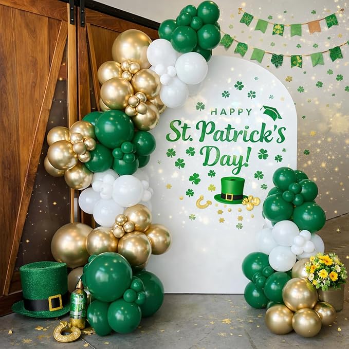 Green and Gold Balloons Garland Arch Kit,154pcs Different Size Emerald Green White and Metallic Gold Latex Balloons for Birthday Wedding Baby Shower St. Patrick's Day Jungle Theme Party Decorations