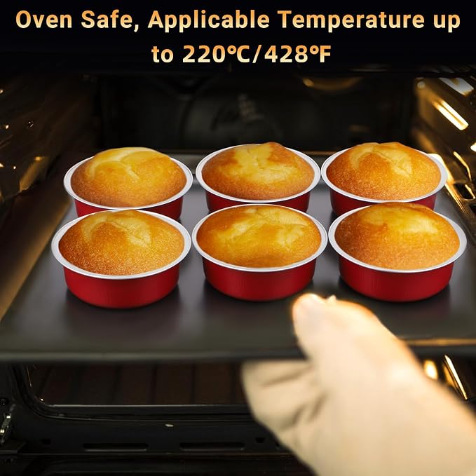 Beasea Disposable Baking Cups With Lids, 100 Pack 8.8oz 260ml 4 Inch Aluminum Foil Ramekins Round Baking Mini Cupcake Oven Cups for Party - Red